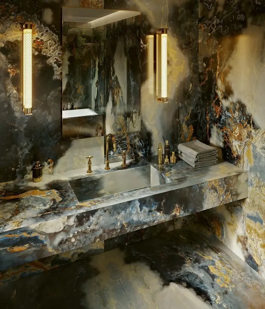 Indoor floor coverings - Porcelain Stoneware Marble Effect Alabaster Onyx Blue Glossy 60X120 - EEBE122 (Ceramishop.fr) - CERAMISHOP