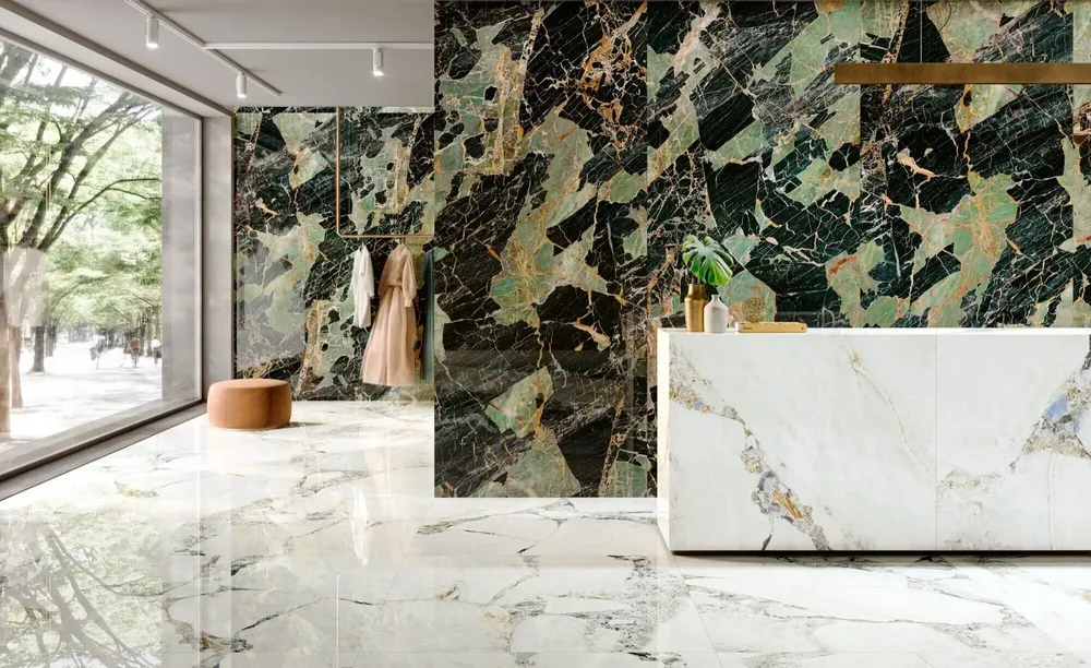 Revêtements sols intérieurs - Grès Cérame Effet Marbre Noir/Vert Brillant 60X120 - EEPS1552 (Ceramishop.fr) - CERAMISHOP