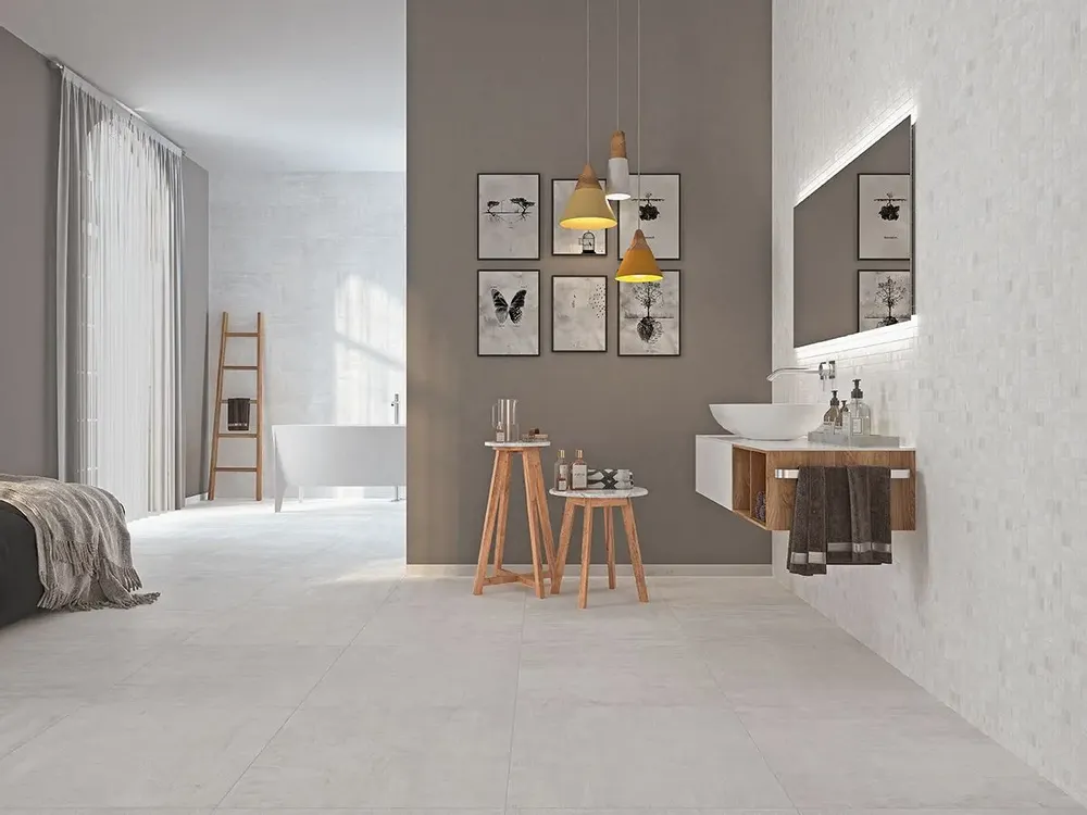 Indoor floor coverings - Semi-Gloss White Striped Resin Concrete Effect Porcelain Stoneware Tile 20x50 - EHWE1689 (Ceramishop.fr) - CERAMISHOP