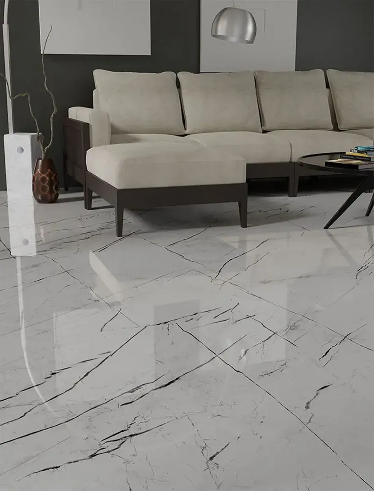 Indoor floor coverings - Marble Effect Porcelain Stoneware Marquina Glossy White 60X60 - EMWE843 (Ceramishop.fr) - CERAMISHOP