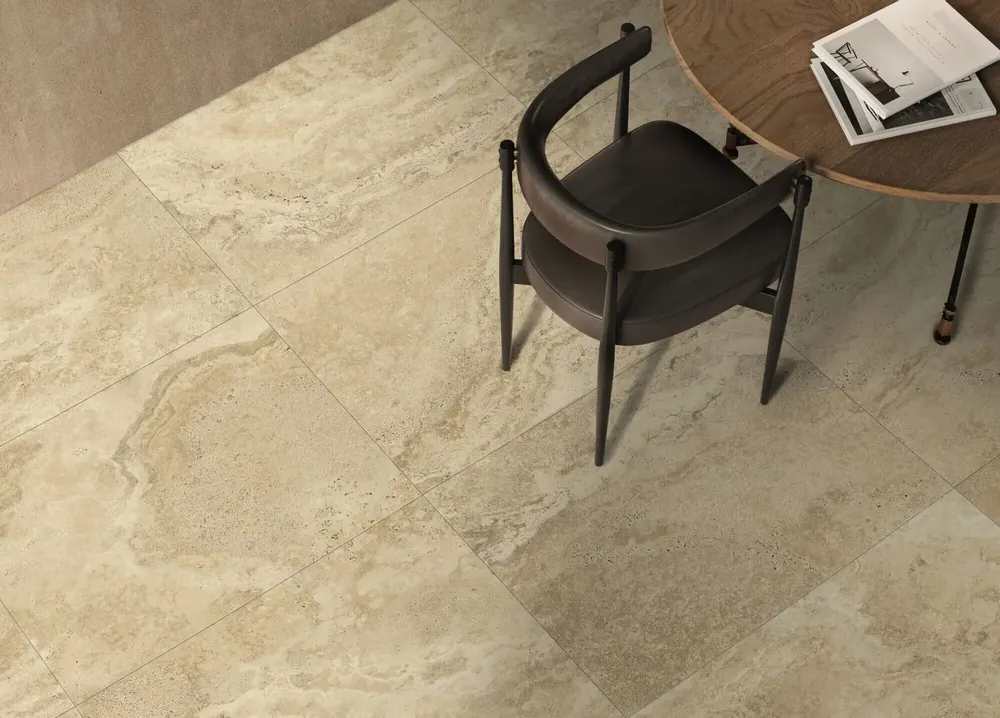 Indoor floor coverings - Marble Effect Travertine Soft Beige Matt Porcelain Stoneware 60X120 - ENSA140 (Ceramishop.fr) - CERAMISHOP
