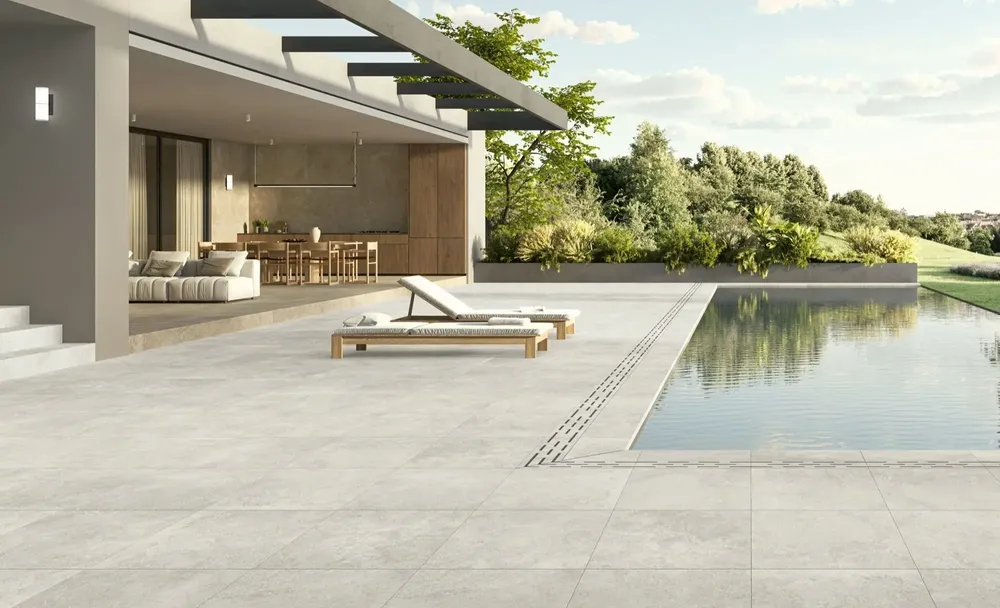 Outdoor floor coverings - White, anti-slip, 60x60 cm, troweled stone effect porcelain stoneware - ENCD1664 (Ceramishop.fr) - CERAMISHOP