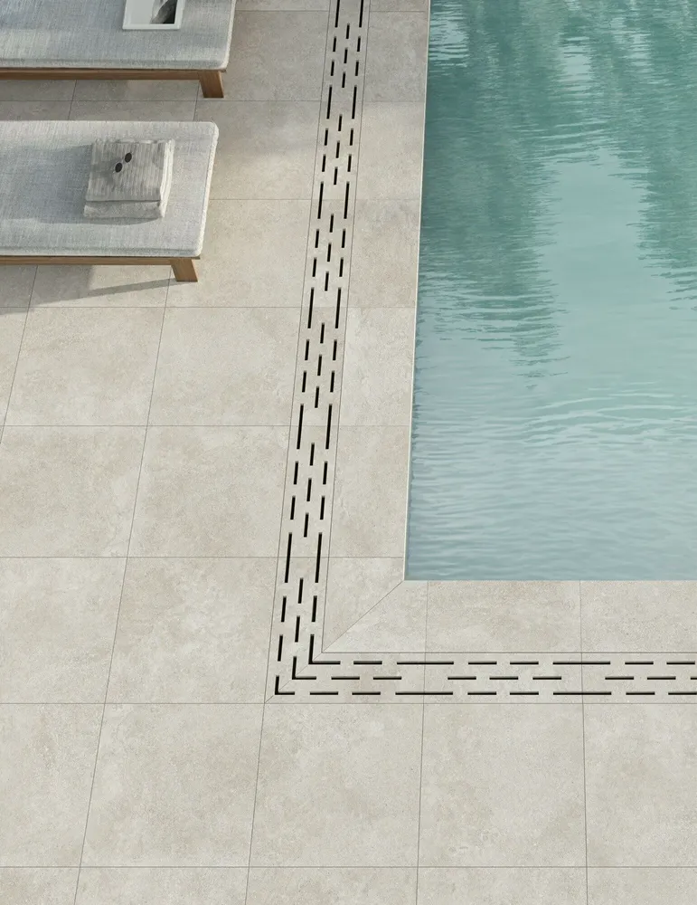 Outdoor floor coverings - White, anti-slip, 60x60 cm, troweled stone effect porcelain stoneware - ENCD1664 (Ceramishop.fr) - CERAMISHOP