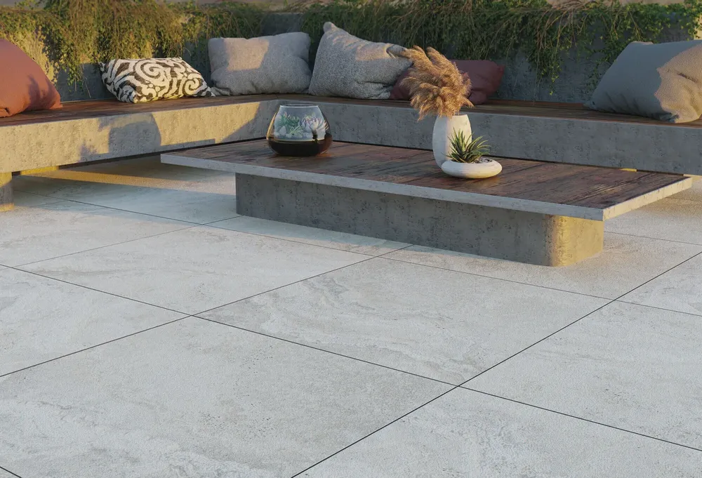 Outdoor floor coverings - Soft White Travertine Marble Effect Porcelain Stoneware, Anti-slip, 60x60 - ENSN146 (Ceramishop.fr) - CERAMISHOP