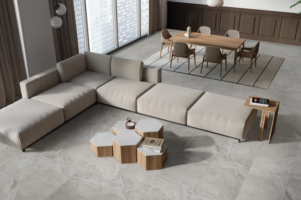 Indoor floor coverings - Marble Effect Travertine Soft Matte Grey 60x60 Porcelain Stoneware - ENSO145 (Ceramishop.fr) - CERAMISHOP