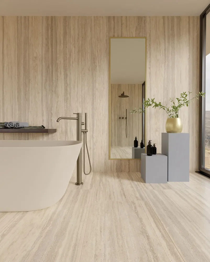 Indoor floor coverings - Matte Beige Travertine Marble Effect Porcelain Stoneware 60x60 - ENVA896 (Ceramishop.fr) - CERAMISHOP