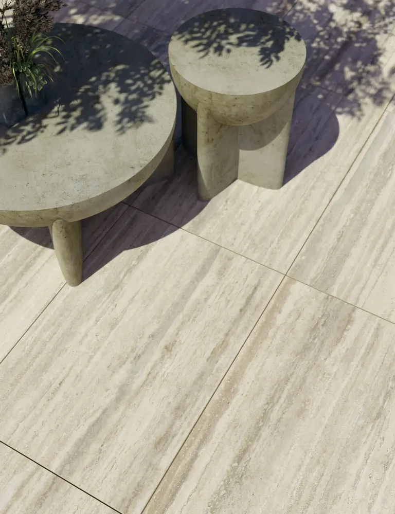 Outdoor floor coverings - Porcelain Stoneware Marble Effect Travertine Veined Ivory Anti-slip 60X120 - ENVC155 (Ceramishop.fr) - CERAMISHOP
