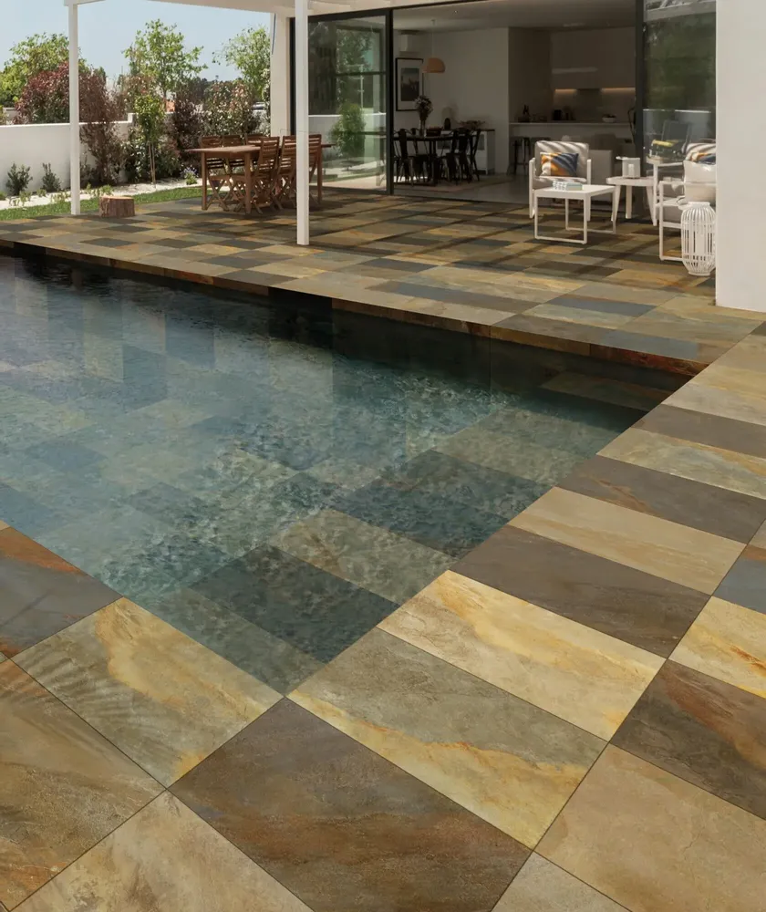 Outdoor floor coverings - Slate-effect porcelain stoneware, multicoloured, non-slip, 60x120 cm - EPEB1147 (Ceramishop.fr) - CERAMISHOP