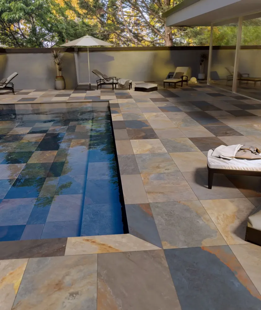 Outdoor floor coverings - Slate-effect porcelain stoneware, multicoloured, non-slip, 60x120 cm - EPEB1147 (Ceramishop.fr) - CERAMISHOP