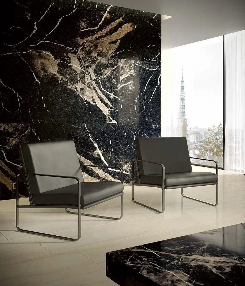 Indoor floor coverings - Porcelain Stoneware with Veined Beige and Black Marble Effect - Glossy 60x120cm - EPIB162 (Ceramishop.fr) - CERAMISHOP