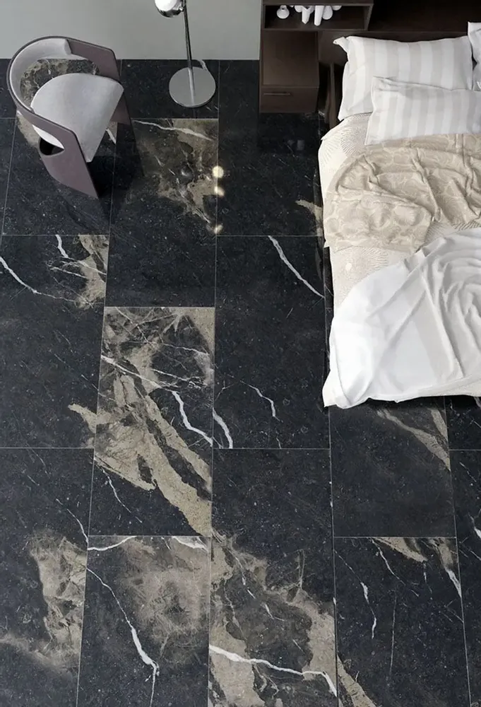 Indoor floor coverings - Porcelain Stoneware with Veined Beige and Black Marble Effect - Glossy 60x120cm - EPIB162 (Ceramishop.fr) - CERAMISHOP