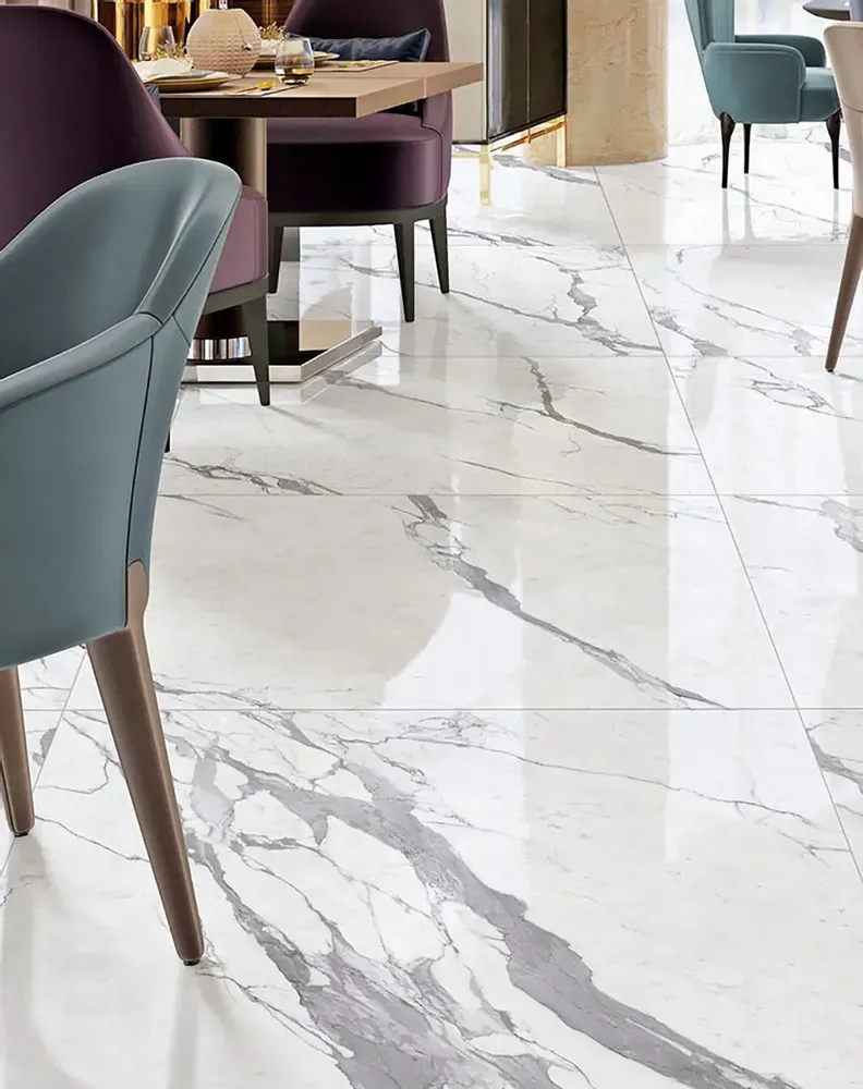 Indoor floor coverings - Glossy White Statuary Marble Effect Porcelain Stoneware 60X120 - ESSU179 (Ceramishop.fr) - CERAMISHOP