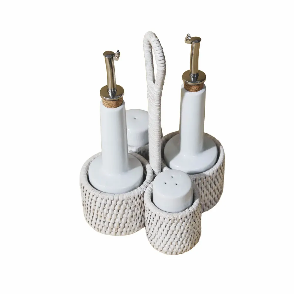 Huiles et vinaigres - Ensemble de shaker à huile, vinaigre, sel et poivre en rotin - KING ZOO