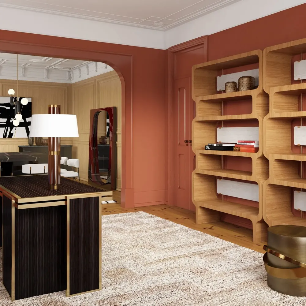 Office desks - Copacabana Bookcase in Natural Oak and Brass Details - DUISTT
