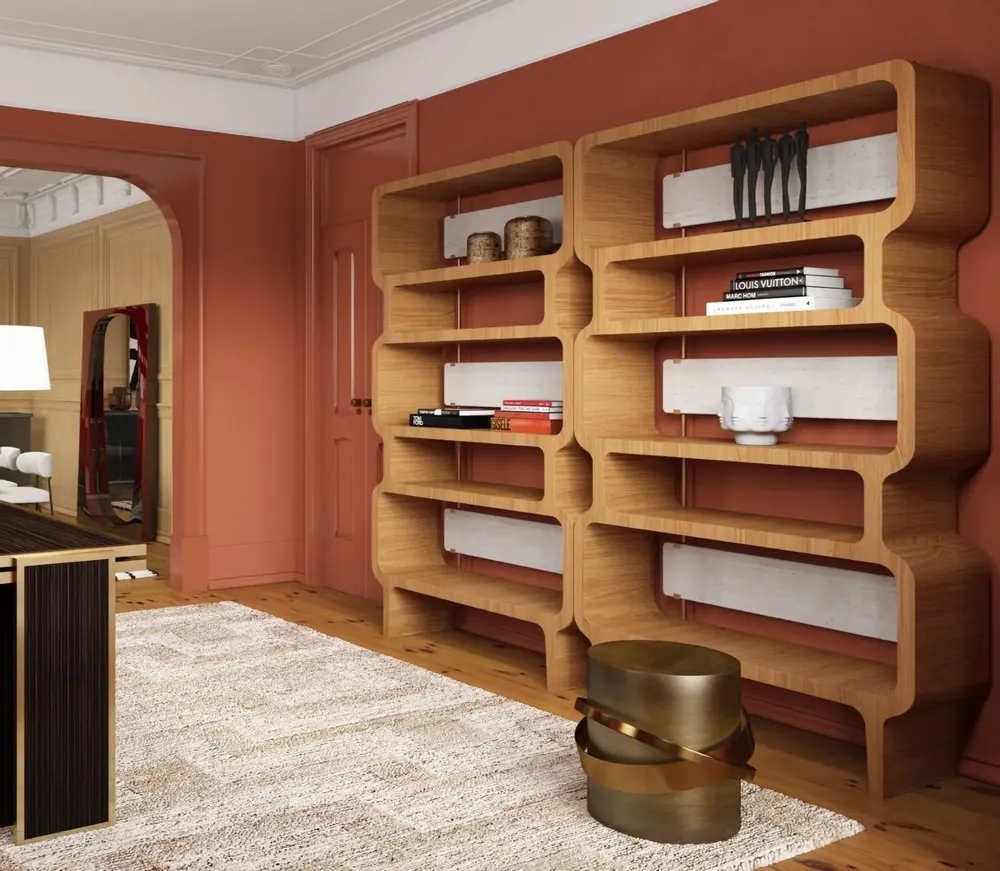Office desks - Copacabana Bookcase in Natural Oak and Brass Details - DUISTT
