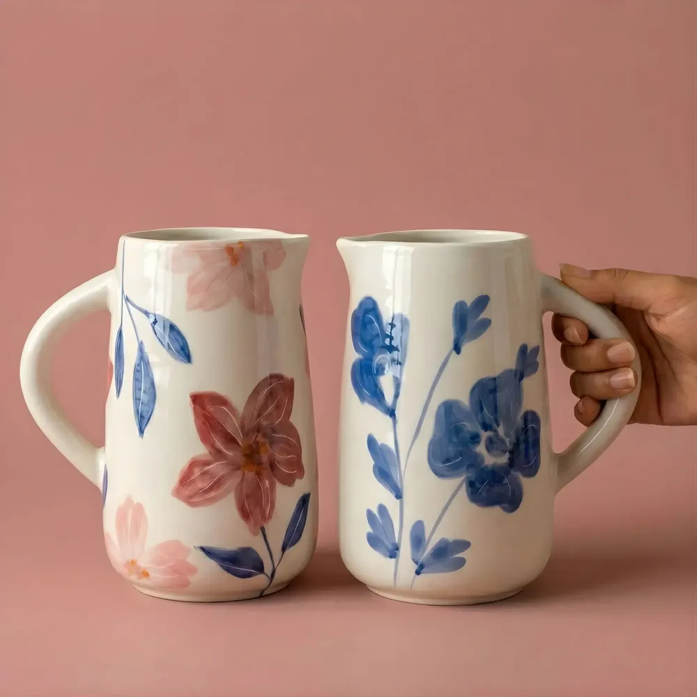 Carafes - Pichet à eau en céramique Blue Blossom, 3,5 x 3,5 x 8 pouces - CASA AMAROSA