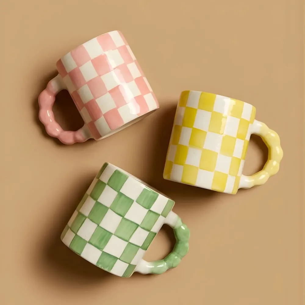 Mugs - Checkered Ceramic Mugs -- 3x3x3.5 Inches - CASA AMAROSA