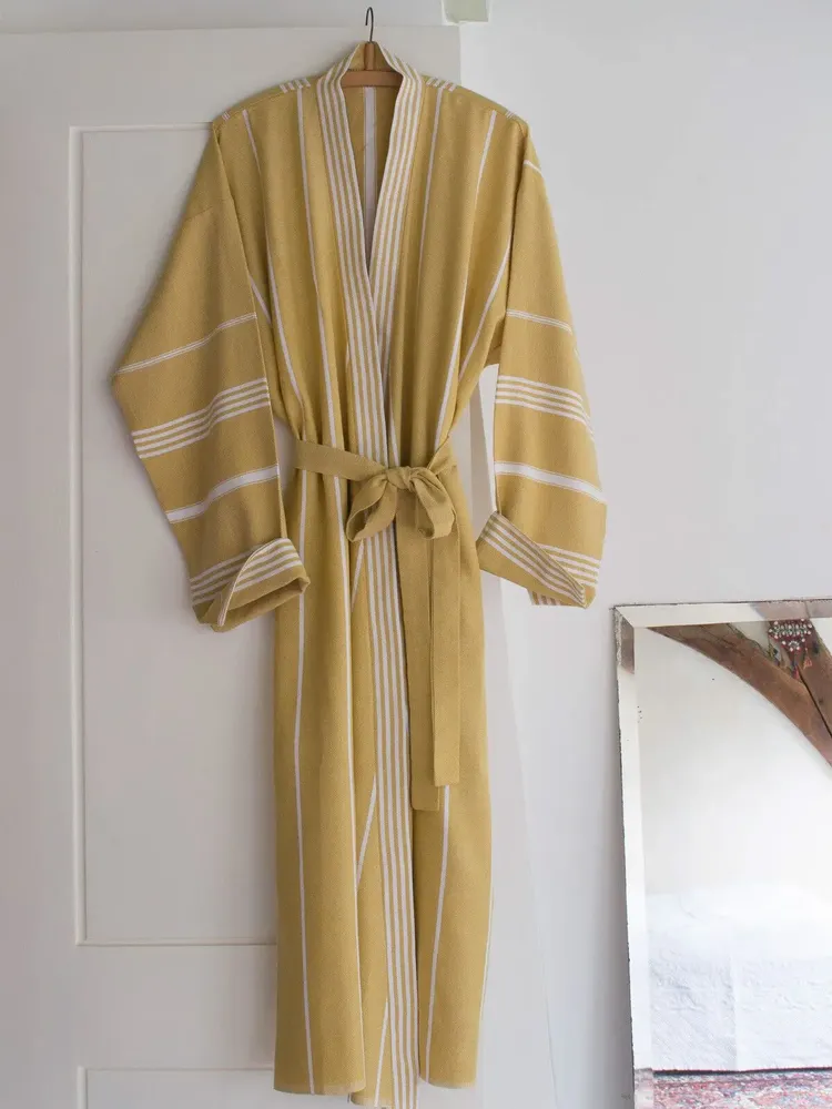 Homewear bien-être - peignoir de bain fouta taille L, jaune moutarde - OTTOMANIA