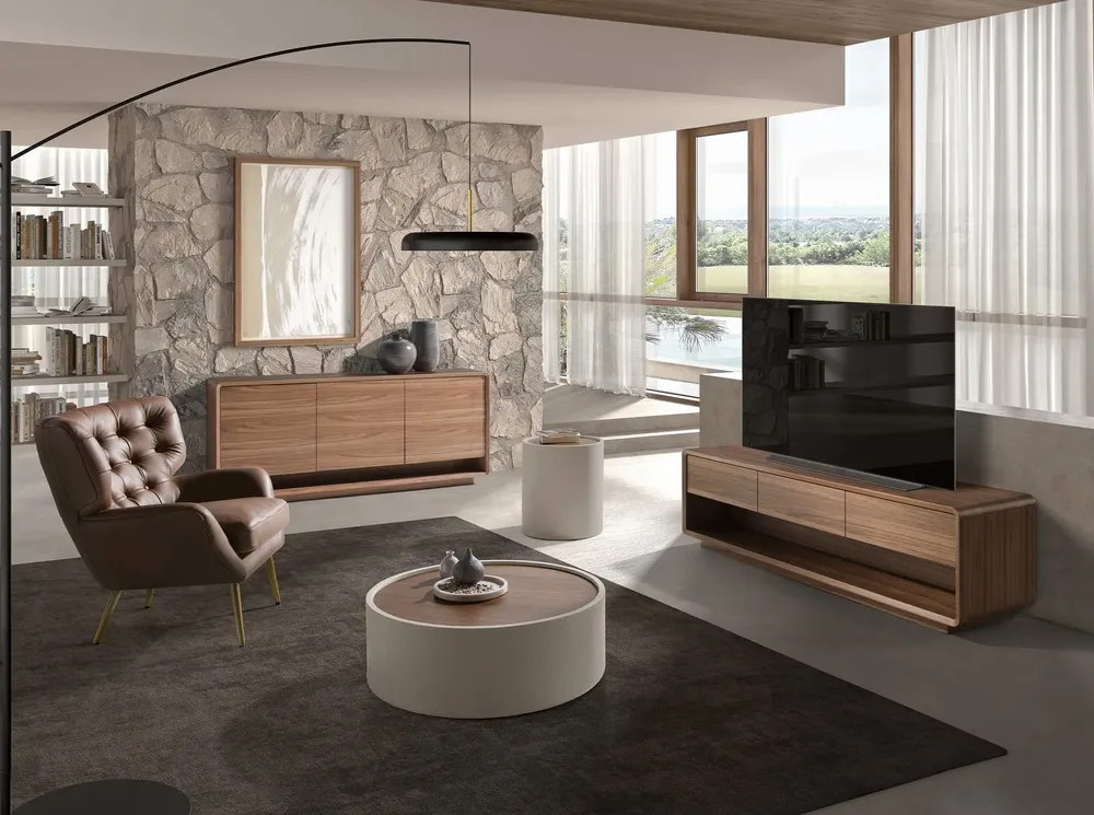 Tables basses - Table basse ronde en noyer et bois rembourré en similicuir couleur sable - ANGEL CERDÁ