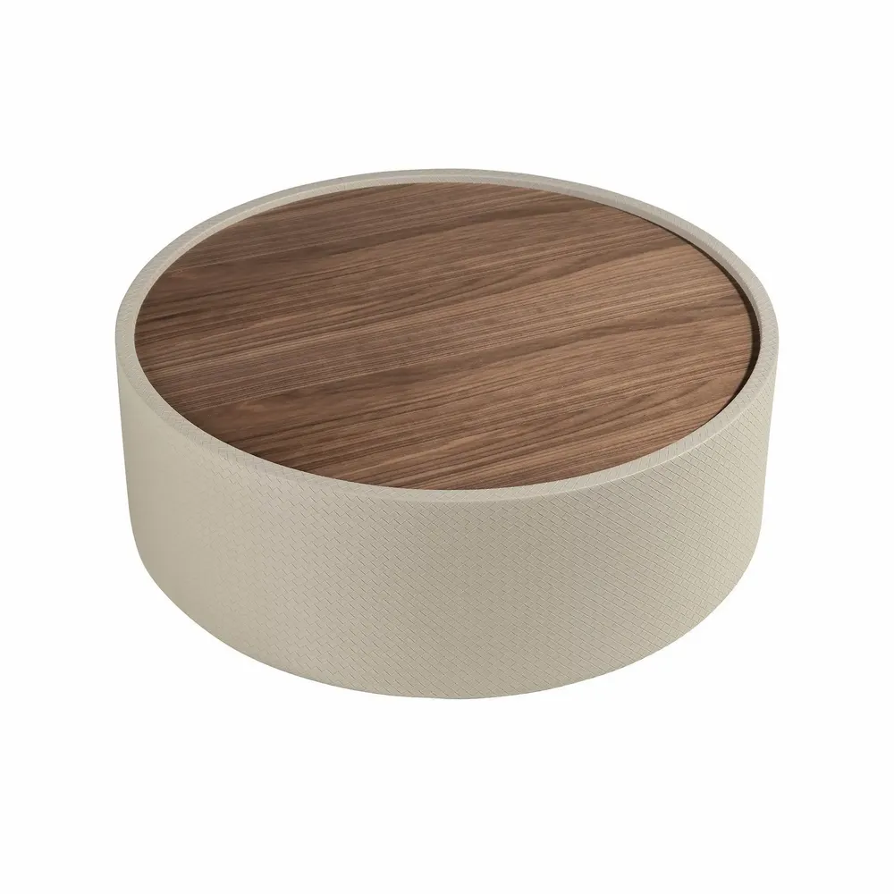 Tables basses - Table basse ronde en noyer et bois rembourré en similicuir couleur sable - ANGEL CERDÁ