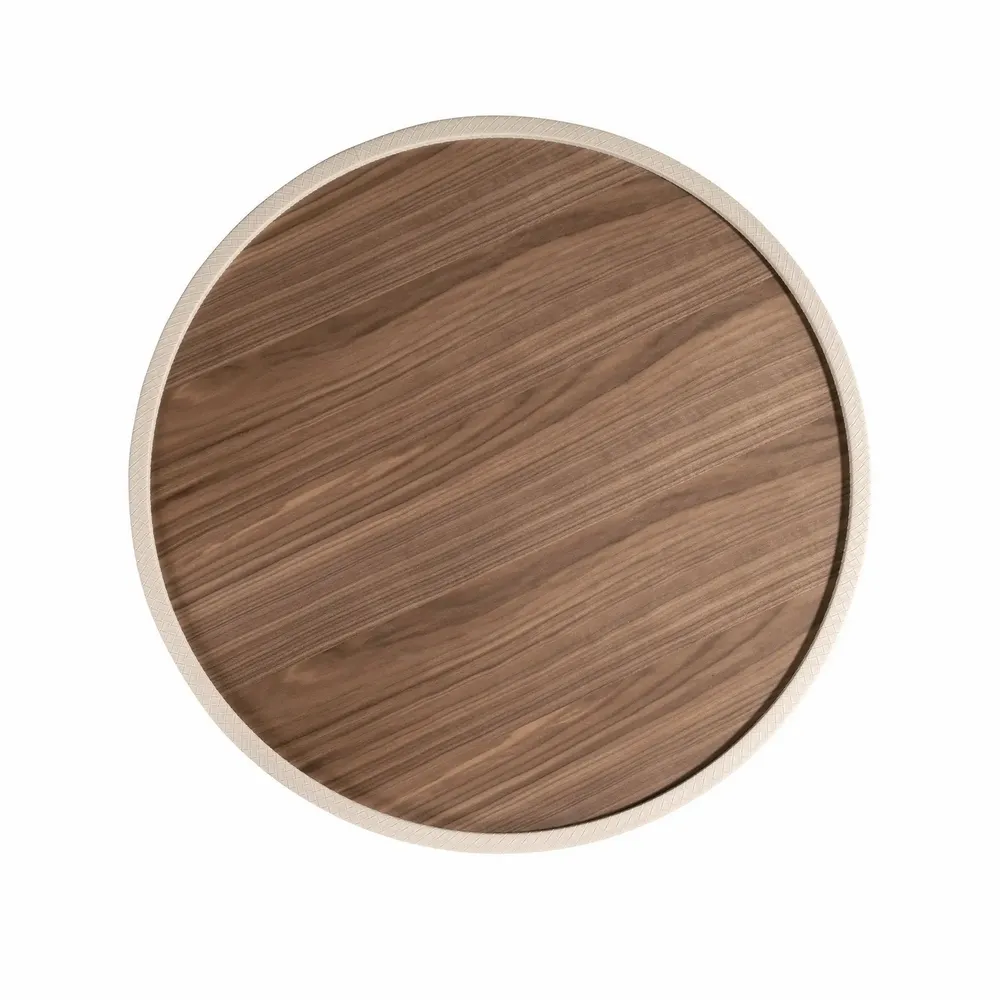 Tables basses - Table basse ronde en noyer et bois rembourré en similicuir couleur sable - ANGEL CERDÁ