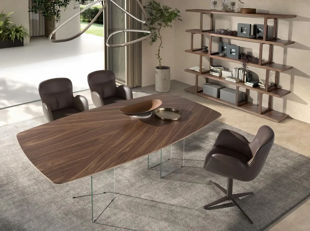 Dining Tables - Oval barrel dining table in walnut and tempered glass - ANGEL CERDÁ
