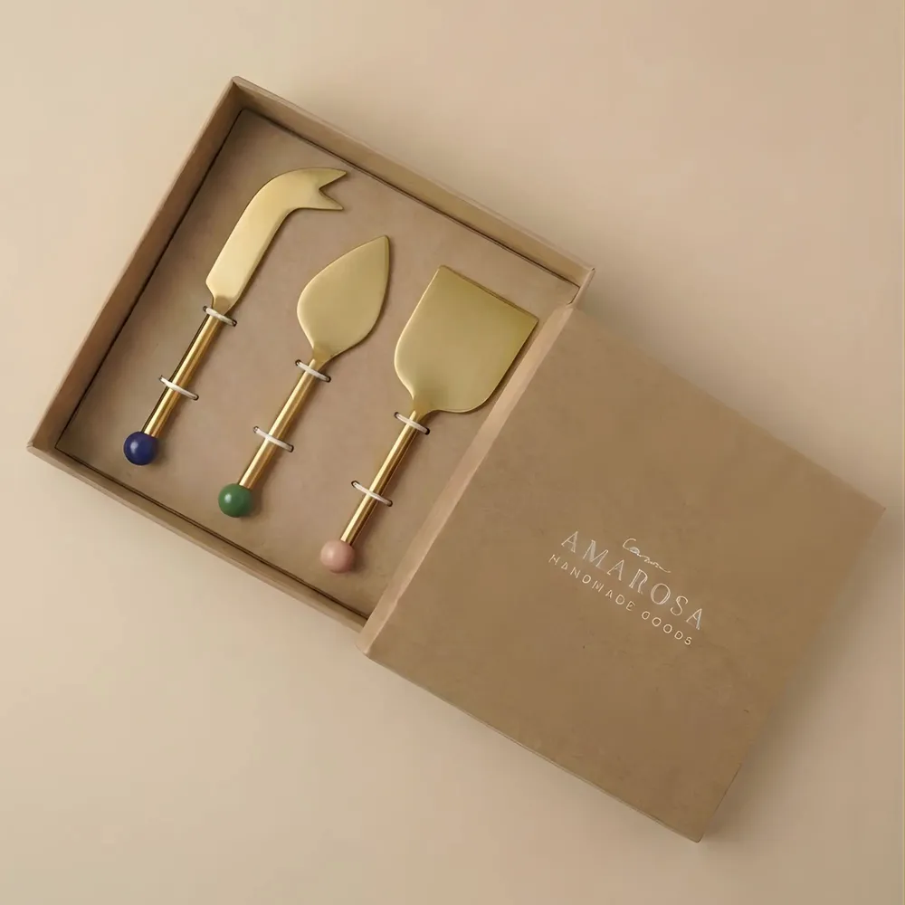Knives - Brass Finish Cheese Knife Set (Set of 3) - 6.5 x 2 Inches - CASA AMAROSA