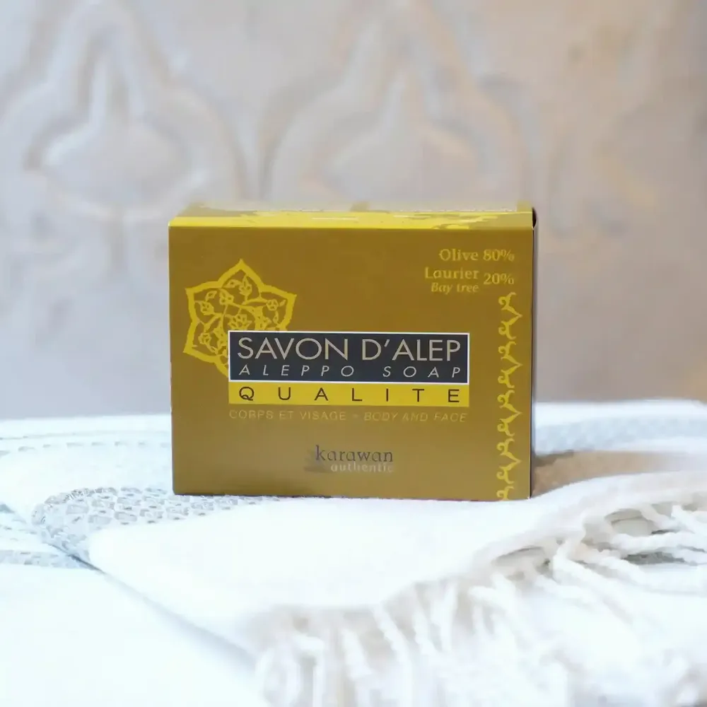 Savons - SAVON D'ALEP QUALITÉ - HUILE D'OLIVE 80% ET DE LAURIER 20% - EN BOITE - KARAWAN AUTHENTIC