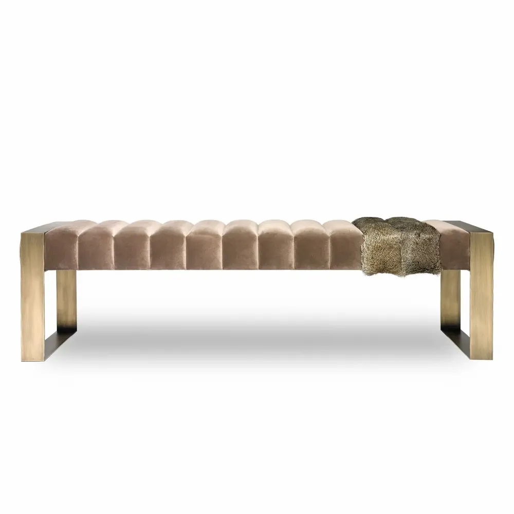 Benches for hospitalities & contracts - Dawn Bench, Velvelt, Fur, COM option, feet in Light Bronze brass - DUISTT