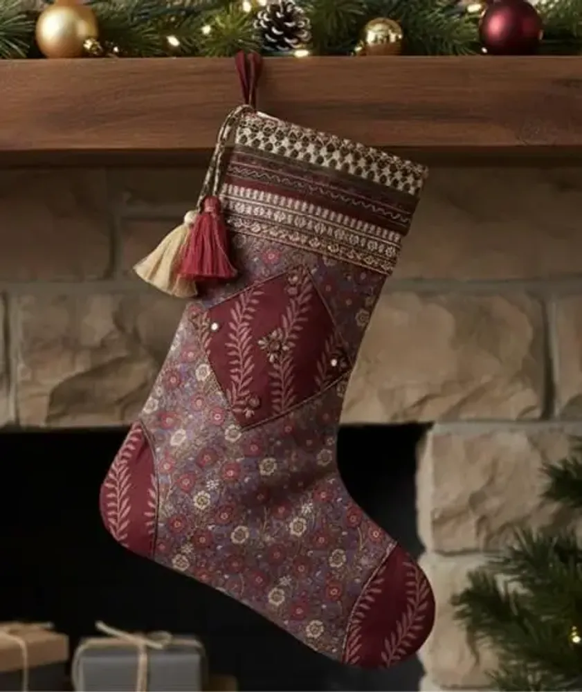 Christmas garlands and baubles - Cheer Upcycled Christmas Stocking Saree - I WAS A SARI