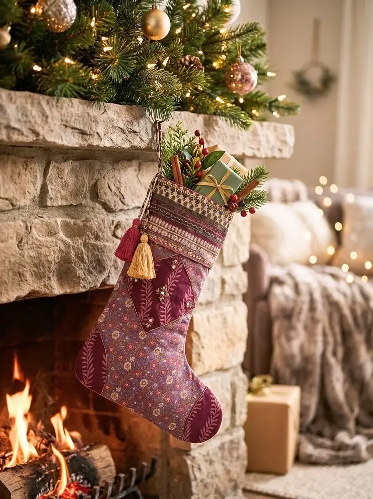 Christmas garlands and baubles - Cheer Upcycled Christmas Stocking Saree - I WAS A SARI