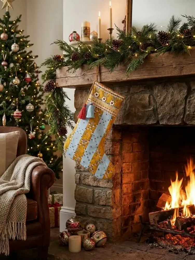 Guirlandes et boules de Noël - Chaussette de Noël Precious Grid fabriquée à partir de saris recyclés - I WAS A SARI