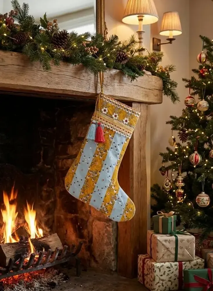 Guirlandes et boules de Noël - Chaussette de Noël Precious Grid fabriquée à partir de saris recyclés - I WAS A SARI