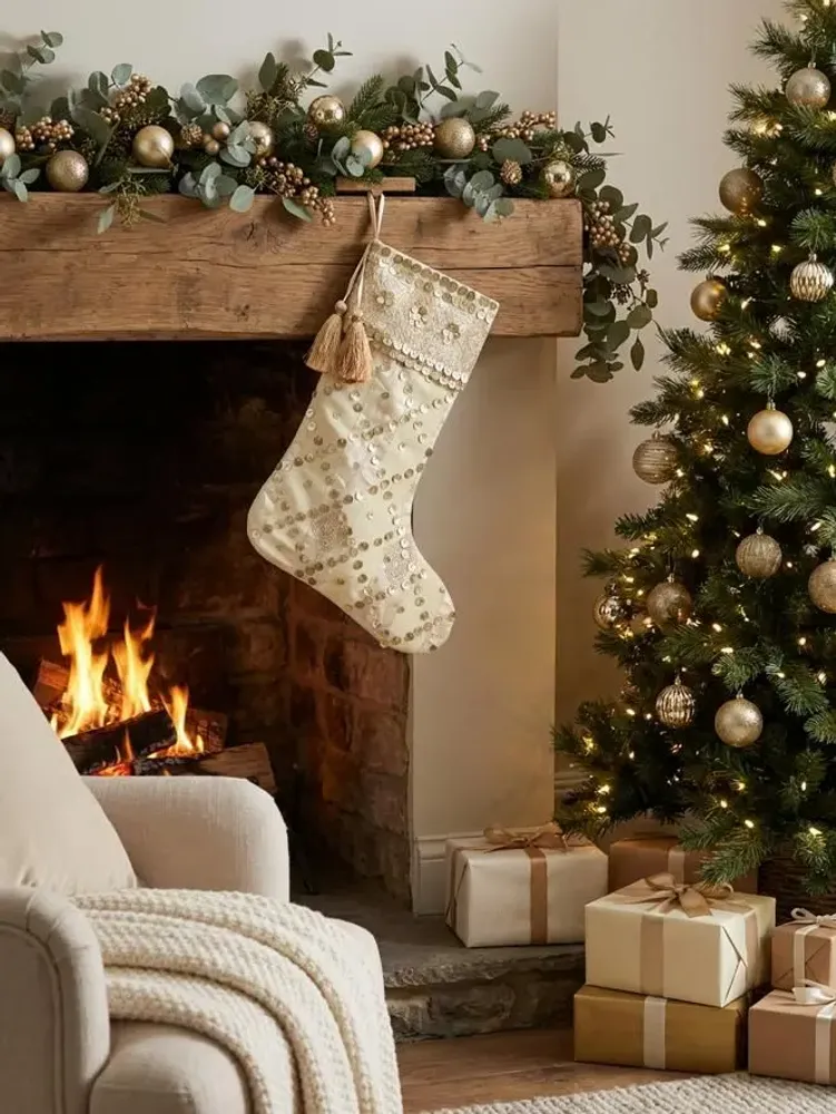 Guirlandes et boules de Noël - Chaussettes de Noël à rayures précieuses fabriquées à partir de saris - I WAS A SARI