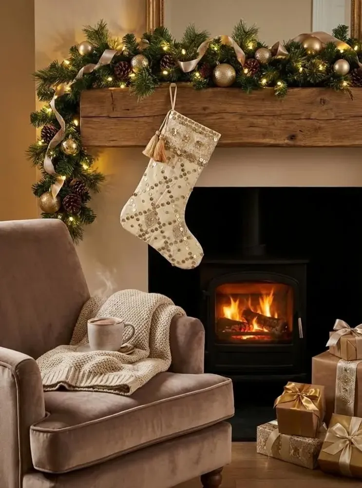 Guirlandes et boules de Noël - Chaussettes de Noël à rayures précieuses fabriquées à partir de saris - I WAS A SARI