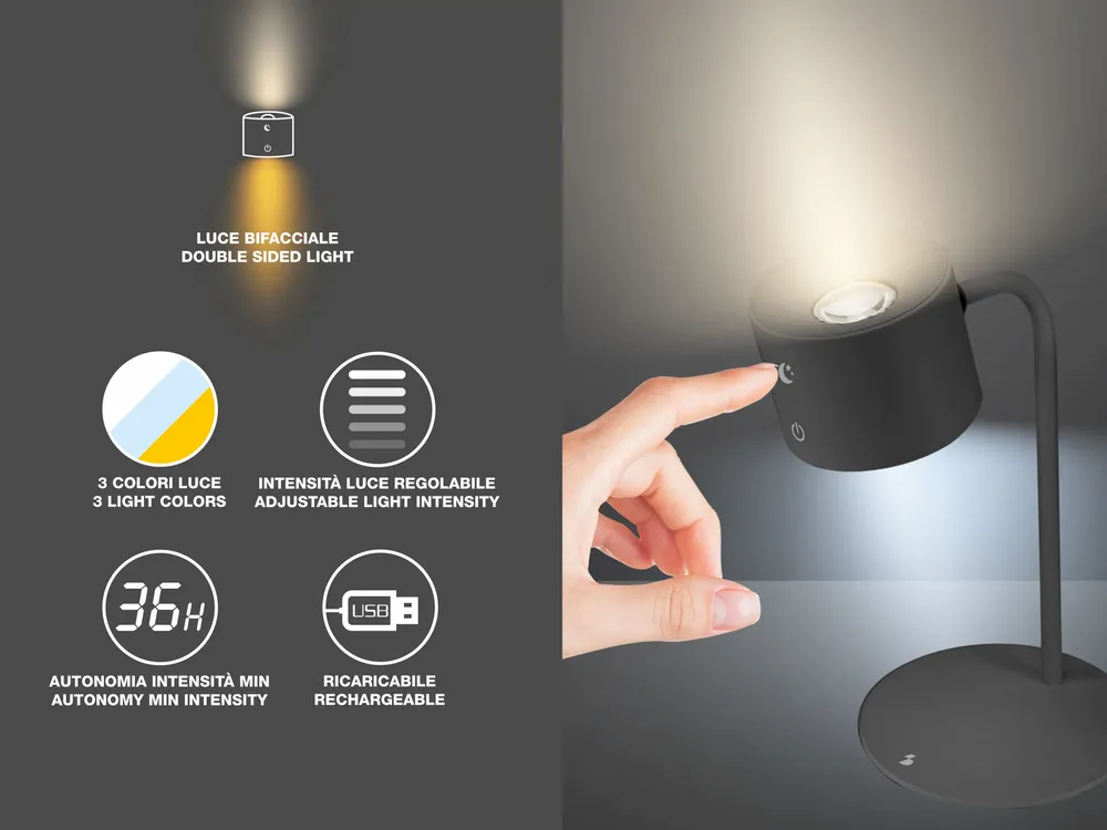 Lampes à poser - BEPER P201UTP304 Lampe Luminì à 3 fonctions, lampe avec clip et accessoire mural inclus, câble USB rechargeable inclus, tactile, noir - BEPER SRL