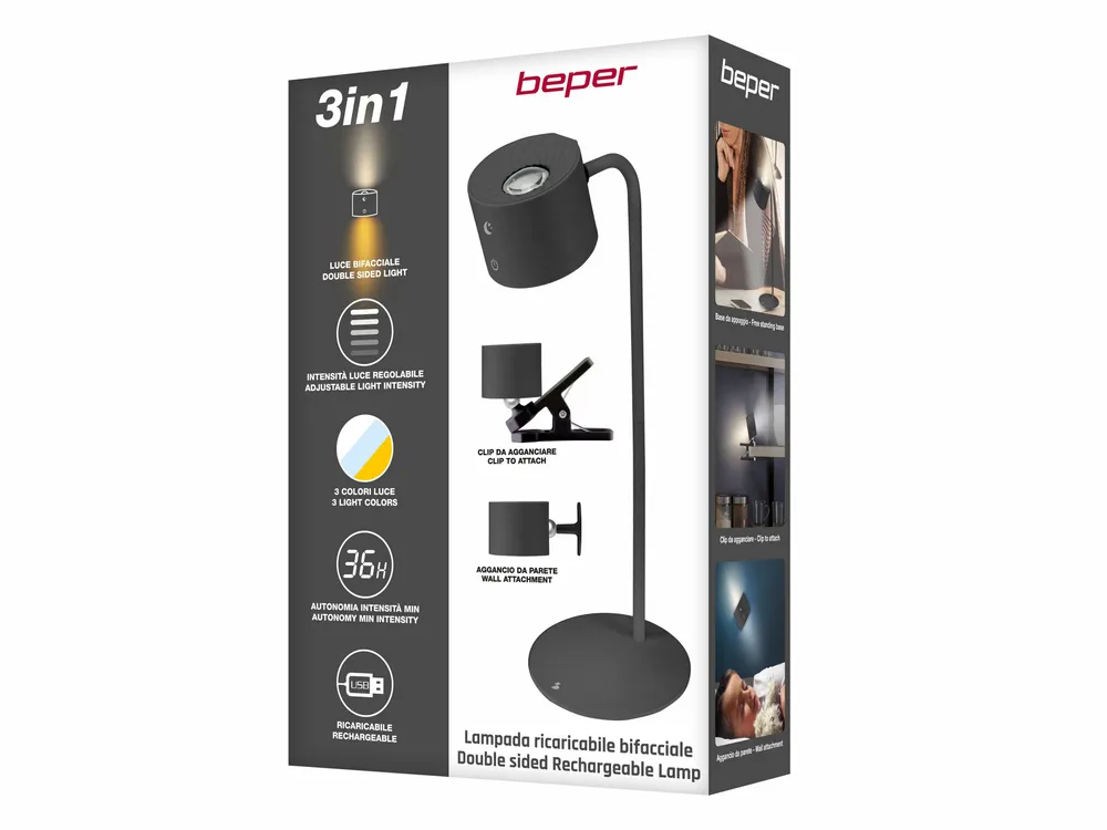 Lampes à poser - BEPER P201UTP304 Lampe Luminì à 3 fonctions, lampe avec clip et accessoire mural inclus, câble USB rechargeable inclus, tactile, noir - BEPER SRL