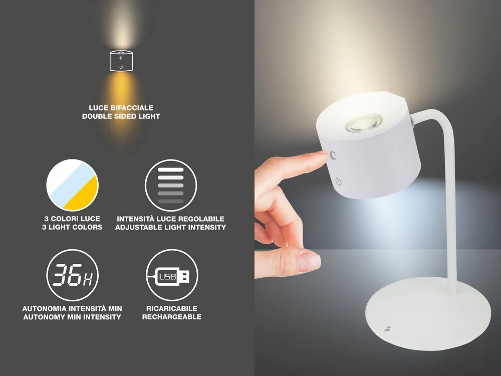 Lampes à poser - BEPER P201UTP303 Lampe Luminì à 3 fonctions, lampe avec clip et accessoire mural inclus, câble USB rechargeable inclus, tactile, blanc - BEPER SRL