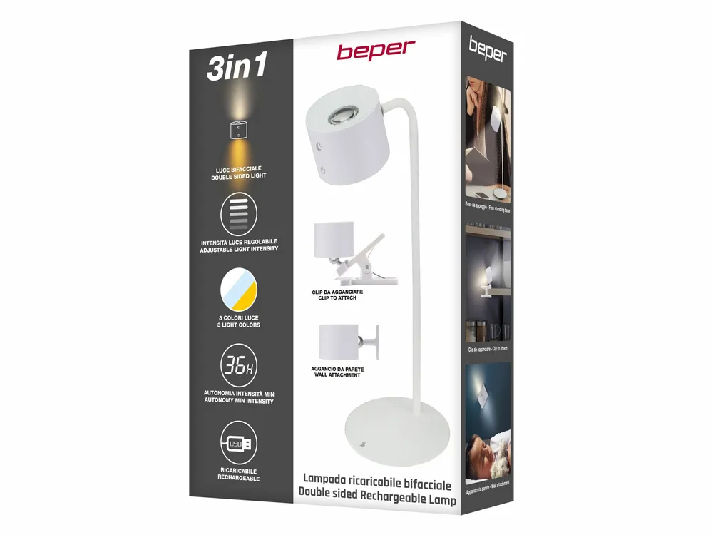 Lampes à poser - BEPER P201UTP303 Lampe Luminì à 3 fonctions, lampe avec clip et accessoire mural inclus, câble USB rechargeable inclus, tactile, blanc - BEPER SRL