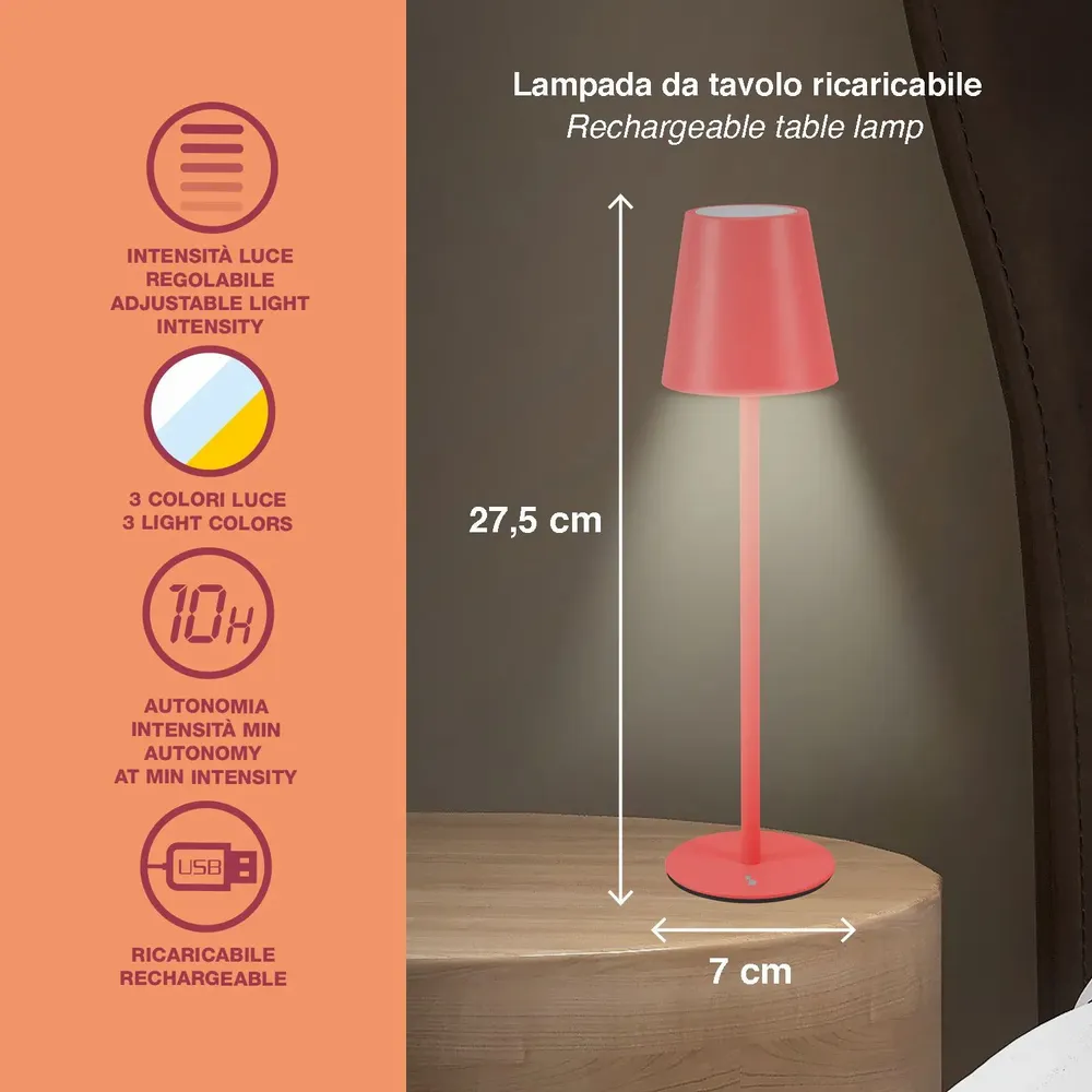Lampes à poser - BEPER P207ILI206 Lampe de table rechargeable, lumière LED sans fil, intensité réglable, lampe de chevet, USB inclus – Portable pour bureau - BEPER SRL