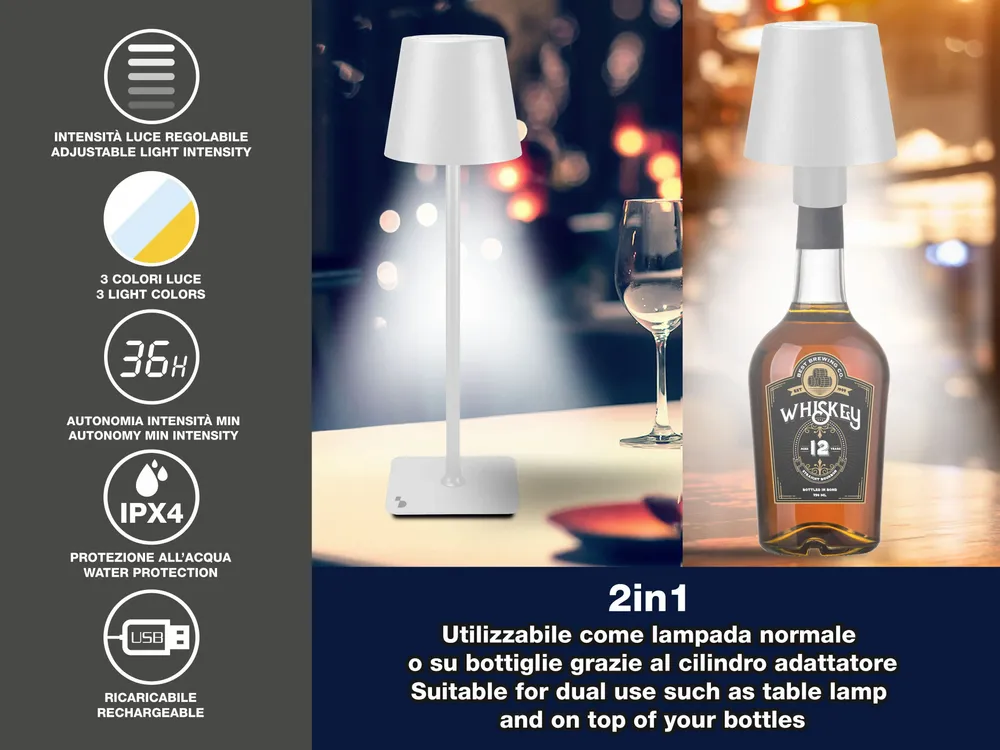 Lampes à poser - BEPER P201UTP119 Lampe de bureau sans fil 2en1, lampe de bureau tactile, 1,5W, adaptateur pour bouteille inclus, blanc - BEPER SRL