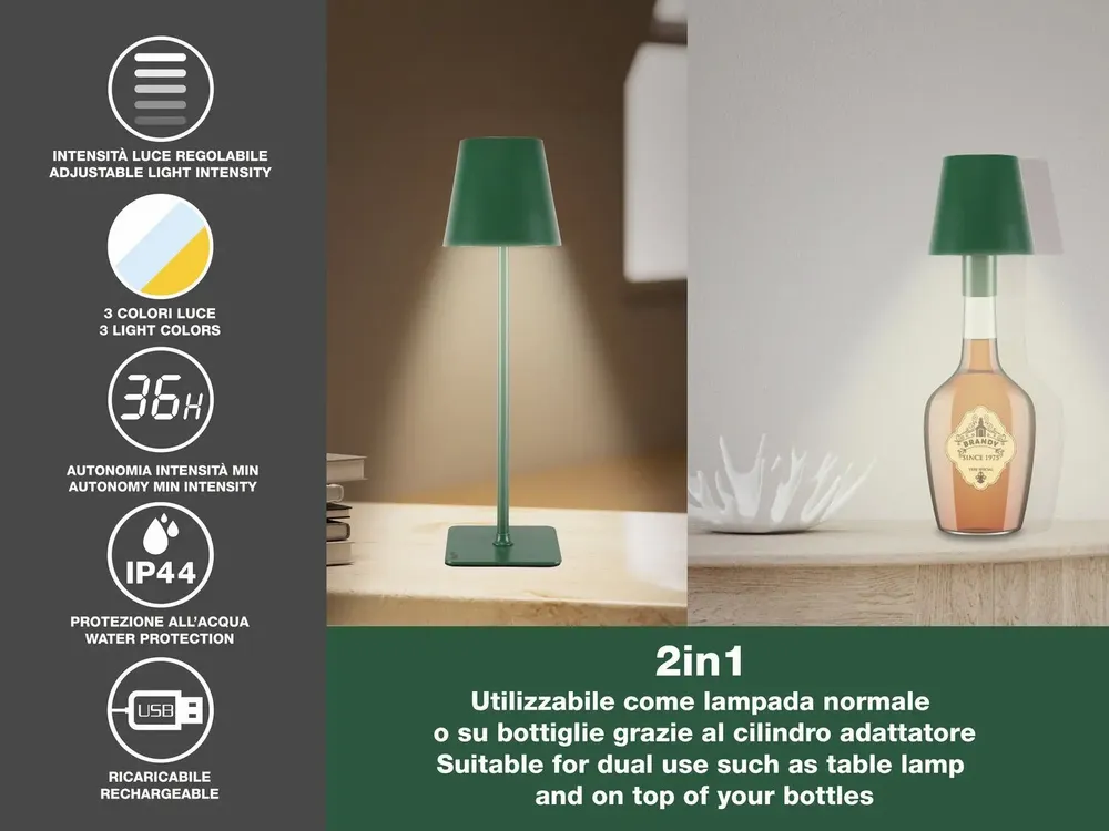 Table lamps - BEPER P201UTP115 2-in-1 Wireless Table Lamp, Touch Desk Lamp, 1.5W, Bottle adapter included, Emerald - BEPER SRL