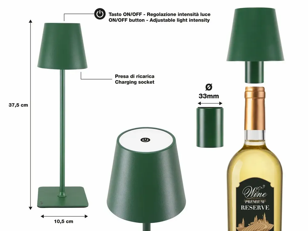 Table lamps - BEPER P201UTP115 2-in-1 Wireless Table Lamp, Touch Desk Lamp, 1.5W, Bottle adapter included, Emerald - BEPER SRL