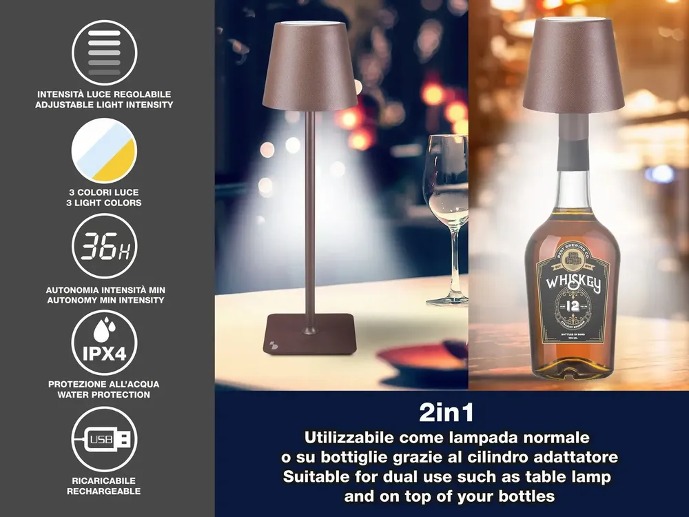 Lampes à poser - BEPER P201UTP120 2in1 Wireless Desk Lamp, Touch Desk Lamp, 1.5W, Adaptateur de bouteille inclus, Corten - BEPER SRL