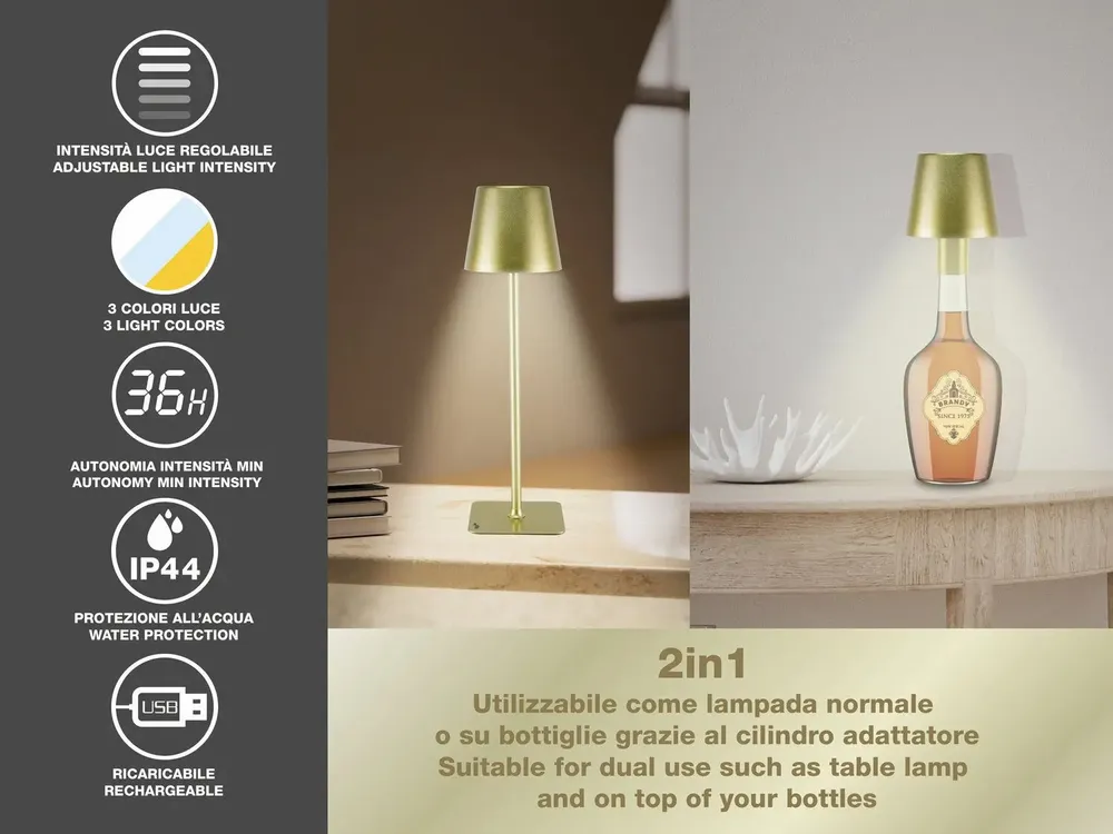 Lampes à poser - BEPER P201UTP116 2in1 Wireless Desk Lamp, Touch Desk Lamp, 1.5W, Adaptateur de bouteille inclus, Gold - BEPER SRL