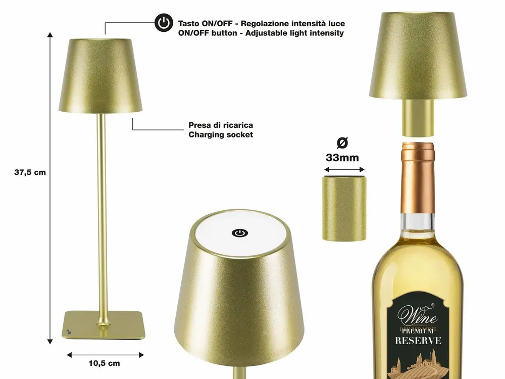 Lampes à poser - BEPER P201UTP116 2in1 Wireless Desk Lamp, Touch Desk Lamp, 1.5W, Adaptateur de bouteille inclus, Gold - BEPER SRL