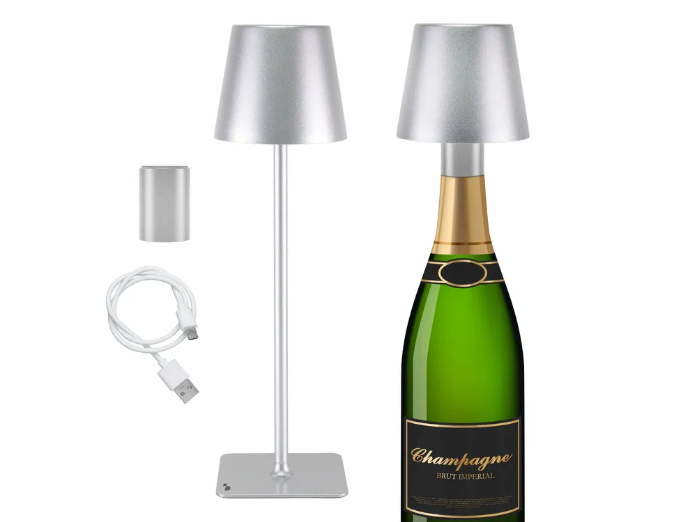 Lampes à poser - BEPER P201UTP117 2in1 Wireless Desk Lamp, Touch Desk Lamp, 1.5W, Adaptateur de bouteille inclus, Argent - BEPER SRL