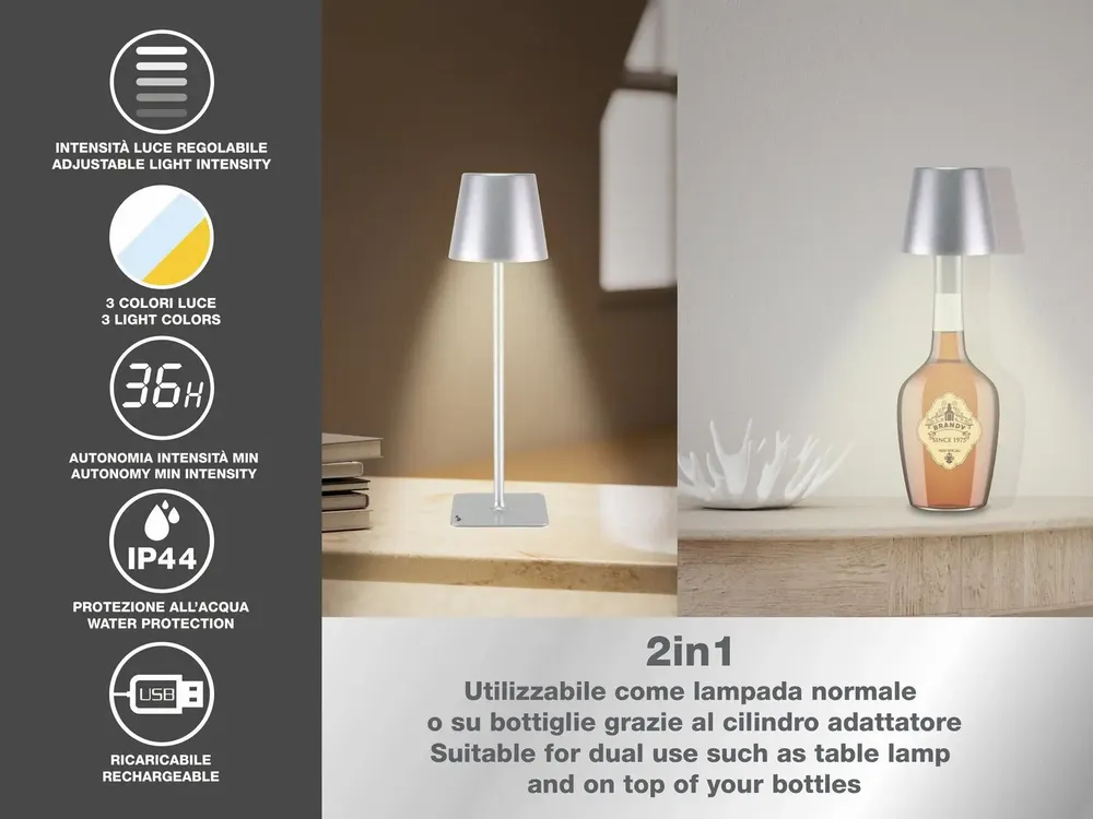 Lampes à poser - BEPER P201UTP117 2in1 Wireless Desk Lamp, Touch Desk Lamp, 1.5W, Adaptateur de bouteille inclus, Argent - BEPER SRL