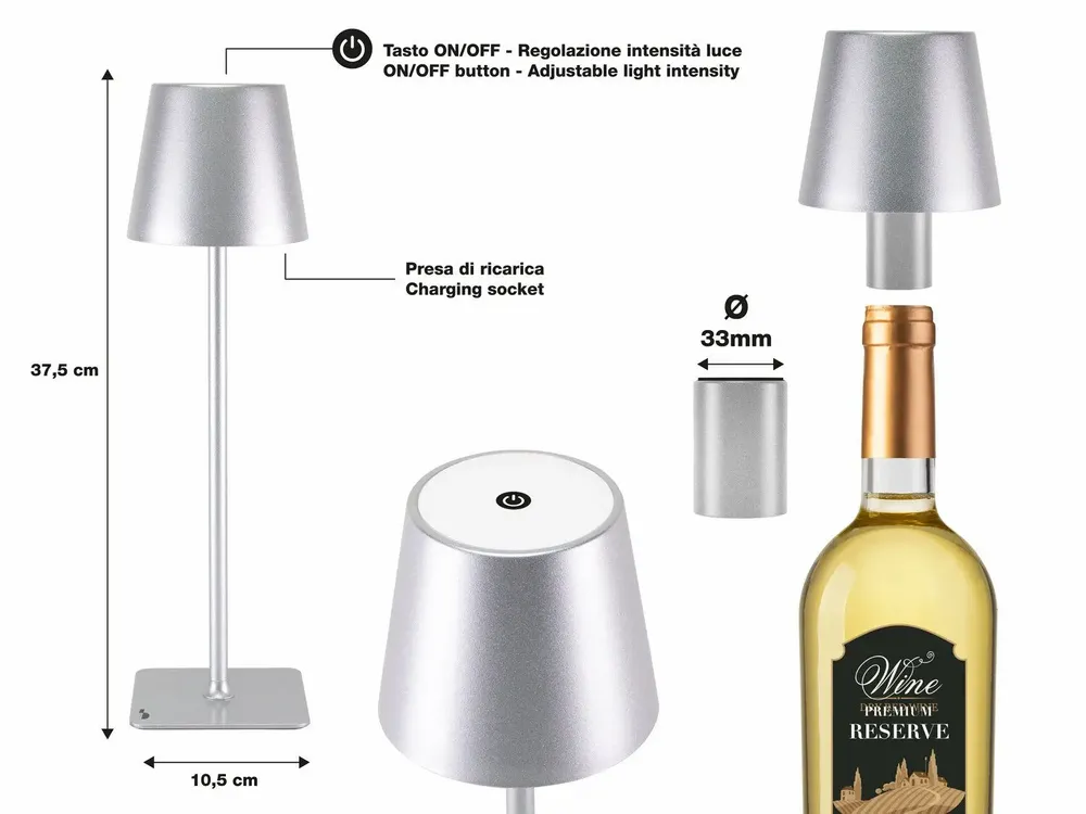 Lampes à poser - BEPER P201UTP117 2in1 Wireless Desk Lamp, Touch Desk Lamp, 1.5W, Adaptateur de bouteille inclus, Argent - BEPER SRL