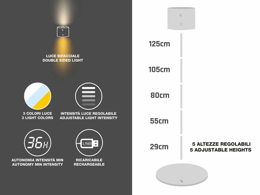 Lampes à poser - BEPER P201UTP305 Lumì lampe de sol et de table rechargeable, Hauteur réglable, Accessoire mural, Câble USB inclus, Tactile, Blanc - BEPER SRL
